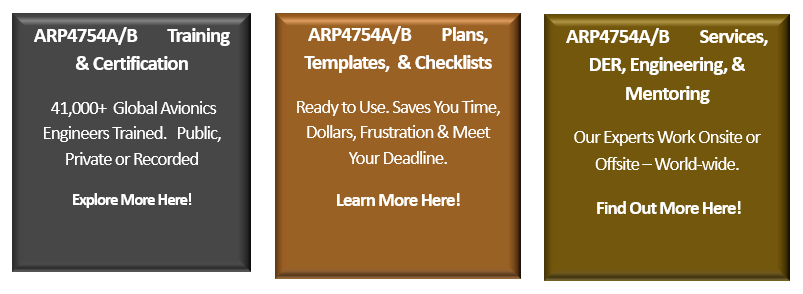 Afuzion : Three promotional banners for arp4754a/b services: training & certification, plans, templates & checklists, and services, engineering & mentoring, each with calls to action.