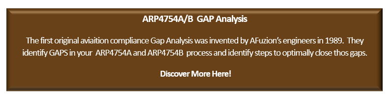 Afuzion : Rectangular banner displaying text about arp4754/5b gap analysis by afuzion, discussing the invention of aviation compliance gap analysis in 1989 and a call to action, "discover more here!.